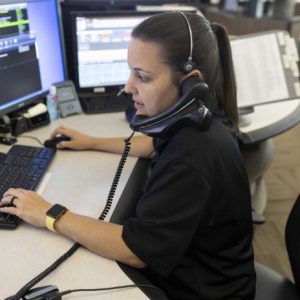 Heather Silvio, dispatch center supervisor, takes a phone call at the Conroe PD dispatch office, Thursday, April 30, 2020.